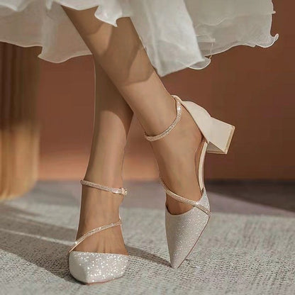 Glitter Heels Ankle with Block Mesh Pointed Toe Women's