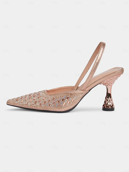 Heels Rhinestone Gold with Rose Women's Slingback Geometric