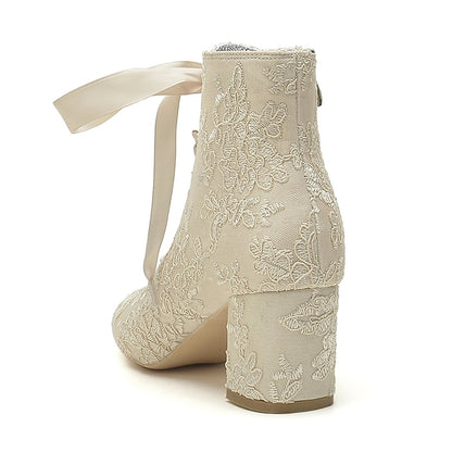 Bridal Women's – Booties Embroidered Lace-Up Floral White