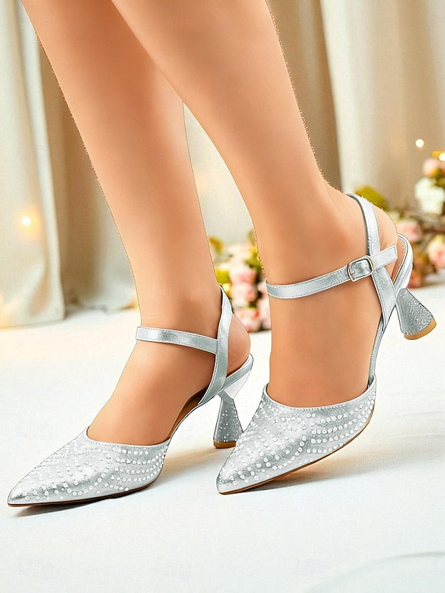 Rhinestone Women's Pointed Slingback Red Heels Toe