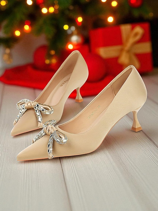 with Crystal Women's Pointed Orange Heels Bow Stiletto -