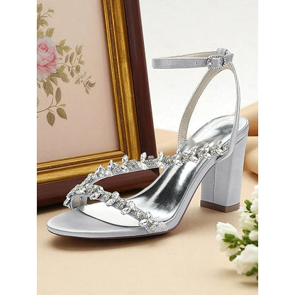 Heel Sandals Block Straps Women's - Rhinestone White with