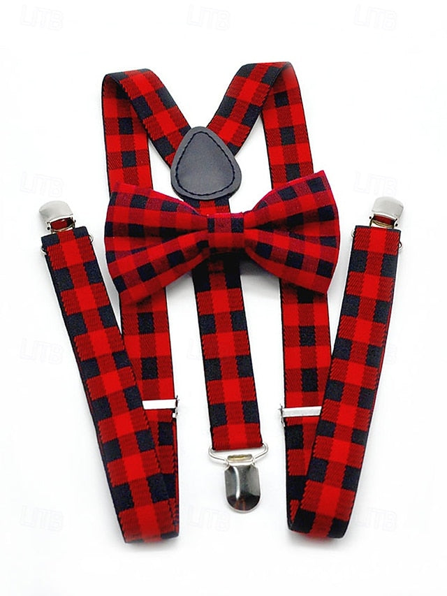 Set Suspender Tie and Christmas Bow Men's Adjustable Plaid