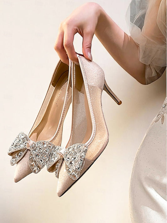 with Rhinestone Women's Heels Glitter Bow High