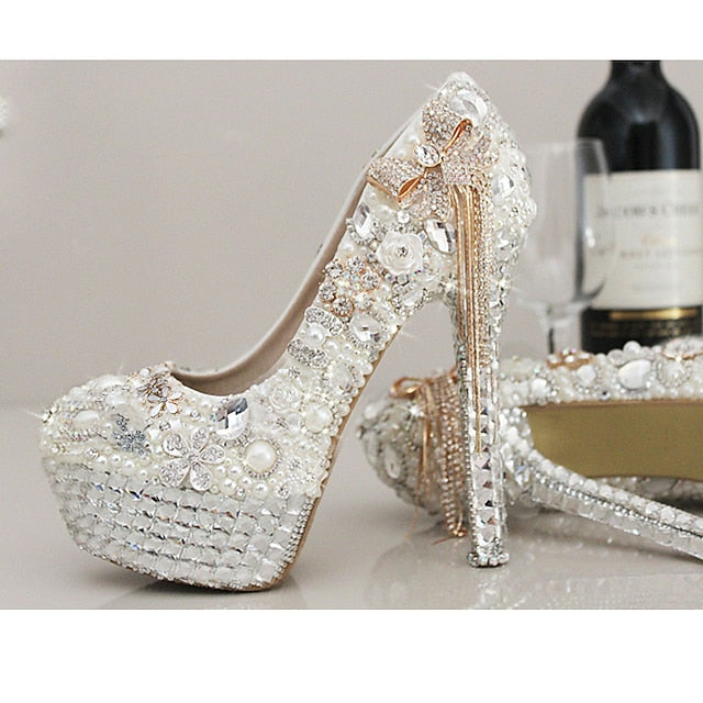 White Women's Embellished Rhinestone and Platform Pearl