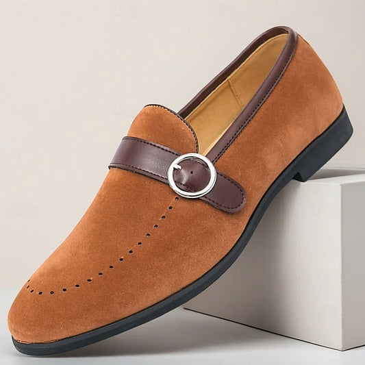 Strap Brown Men's Suede Slip-On Faux Loafers with Buckle