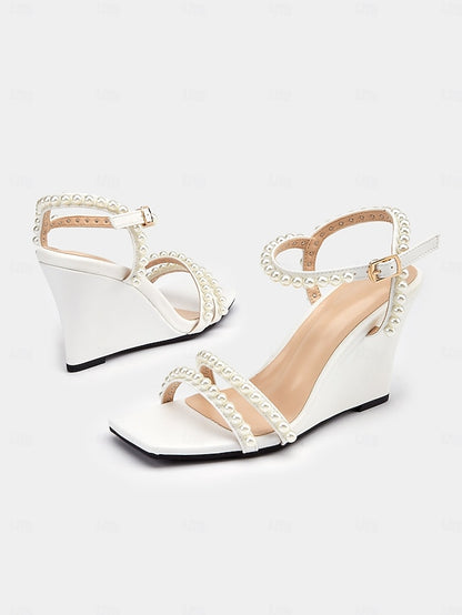 Women's Open-Toe Elegant Pearl-Embellished – Wedge Heels