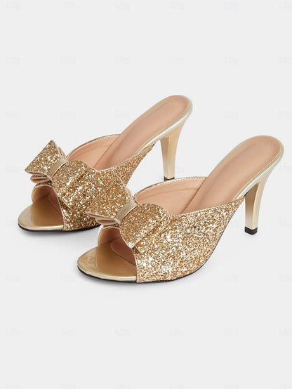 Mules Women's Glamorous Stiletto Glitter – Bow Gold Party