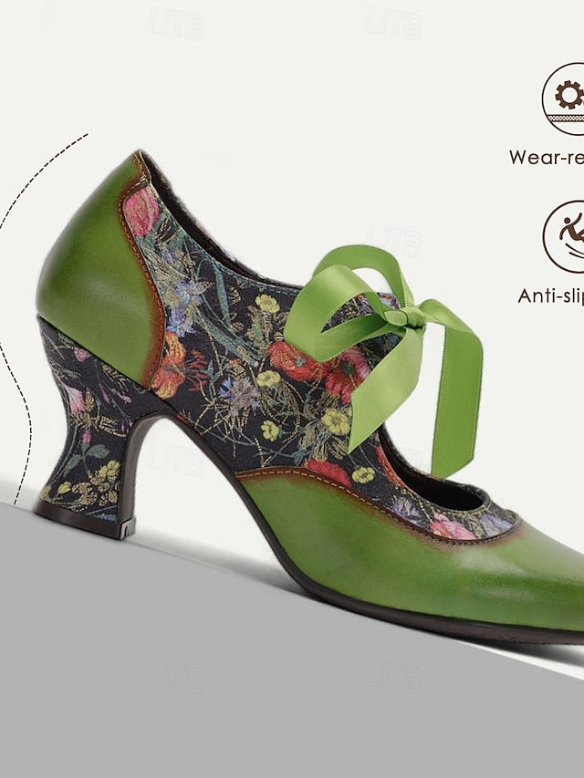 Leather Heels with Green Print Women's Jane Mary Floral