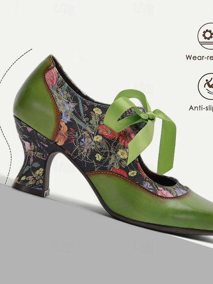 Leather Heels with Green Print Women's Jane Mary Floral
