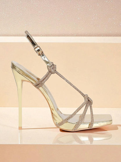 Toe with Square Heels Stiletto Strappy Women's Rhinestone