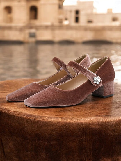Mary Jane Toe Pumps Green Square - Block Velvet Women's