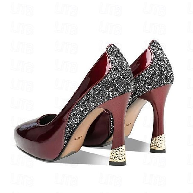 Heels Women's with Platform Burgundy Leather Patent Glitter