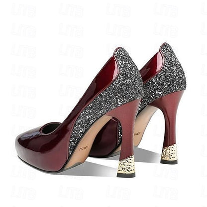 Heels Women's with Platform Burgundy Leather Patent Glitter