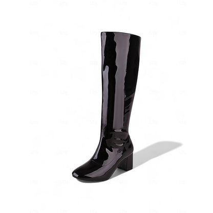 Block Red Women's Knee High Boots with Heel Patent Leather