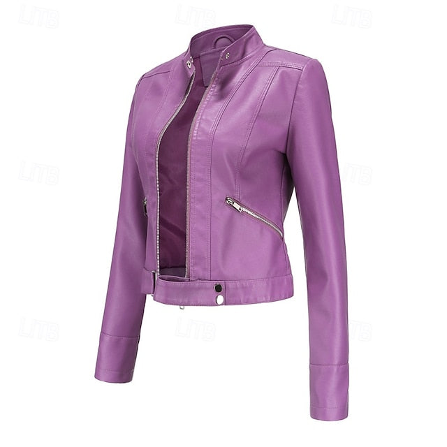 Women's Jacket Zipper Leather Faux Pocket Comfortable