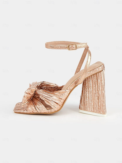 Textured Detail with Block and Gold Rose Knot Sandals Heel