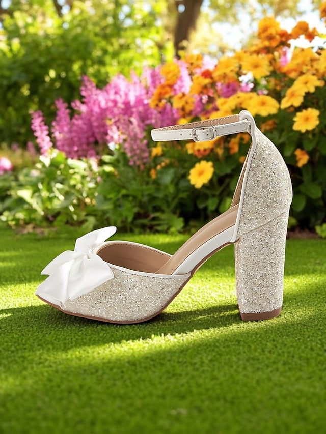 Block Sandals with Ankle Glitter Wedding Women's Heel White