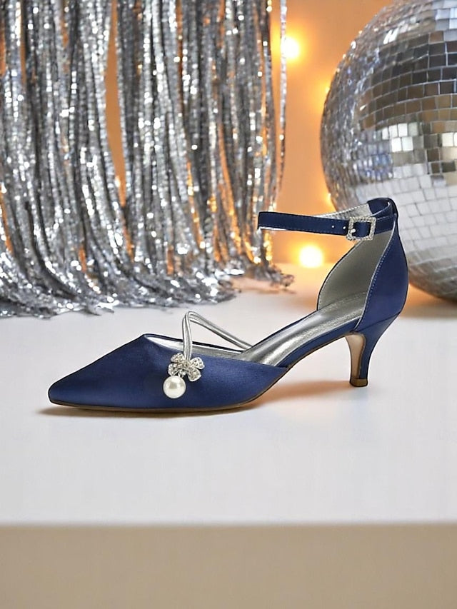 Dark Heels Blue Women's with Satin and Pearl Kitten