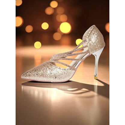 Heels - Strappy Pointed Glitter Toe Women's Gold High