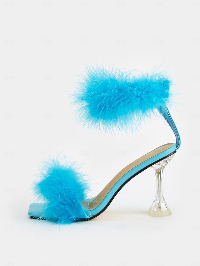 High with Sandals Turquoise Feather-Embellished Heel Clear