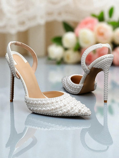 White - Pearl-Embellished Women's Slingback Leather Heels