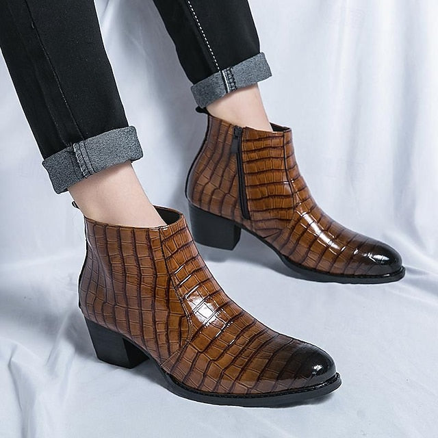 Pattern Faux Men's Boots - Crocodile Brown Leather Ankle
