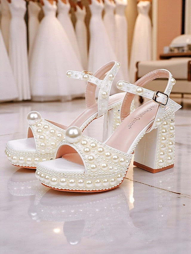 White Platform Embellished Block Pearl Heel Women's Sandals