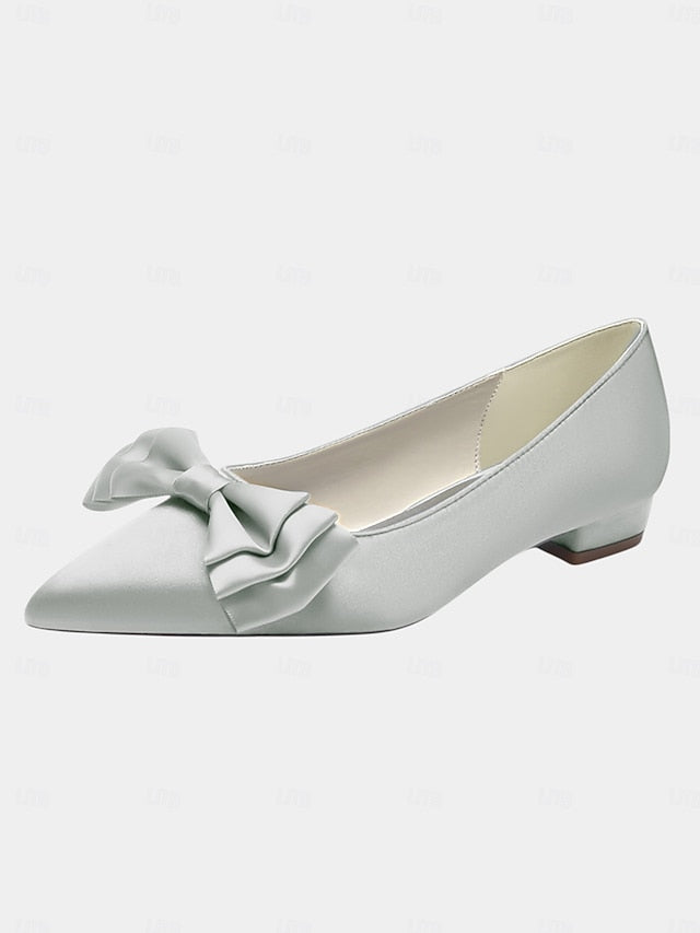 Pointed Women's Bow Toe - Elegant Green Flats Satin