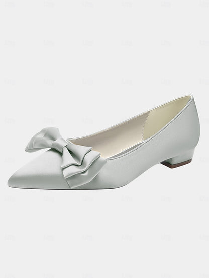 Pointed Women's Bow Toe - Elegant Green Flats Satin