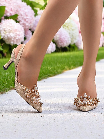 Slingback Satin Detailing Women's Pearl with Black Heels -