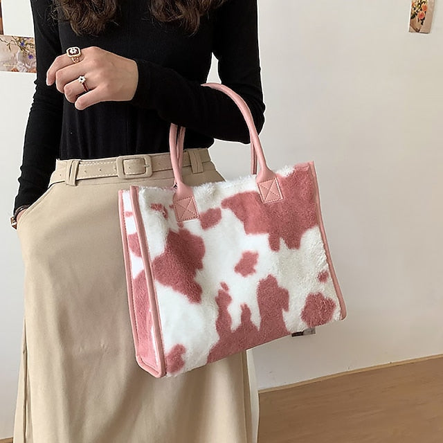 Leopard Bag Fur Brown Leather Women's Faux Print with Tote