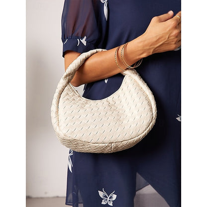 – Leather Round Woven Chic Women's Elegant Ivory Hobo Bag