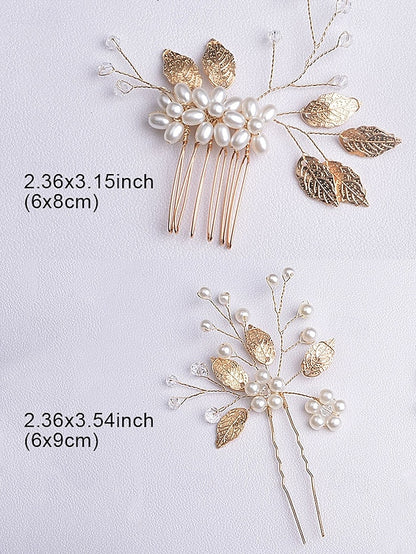 with Faux Pearls Accessory and Bridal Gold Silver Set Hair Leaf