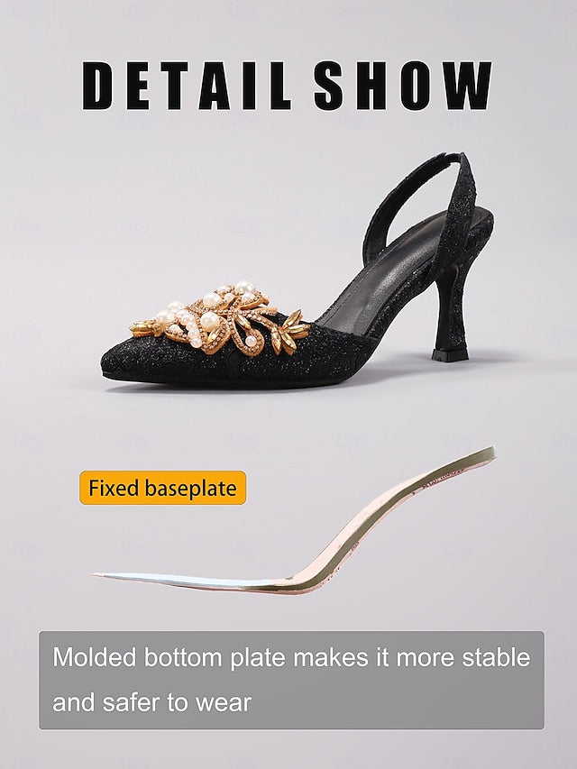 Slingback Satin Detailing Women's Pearl with Black Heels -