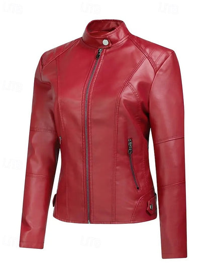 Pocket Women's Leather Faux Zipper Jacket Comfortable