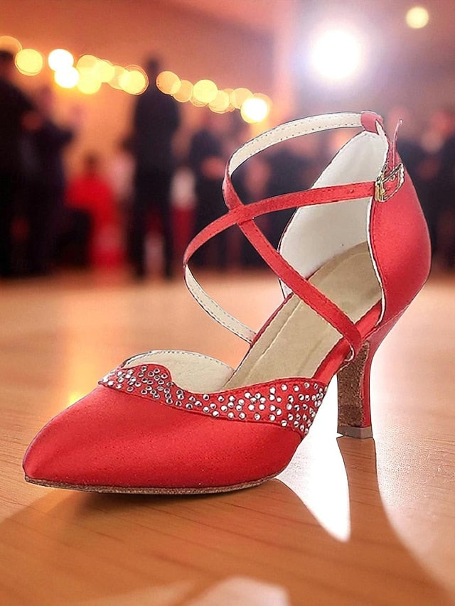 Dance Ballroom Shoes Satin Closed Women's Red Cross Toe -