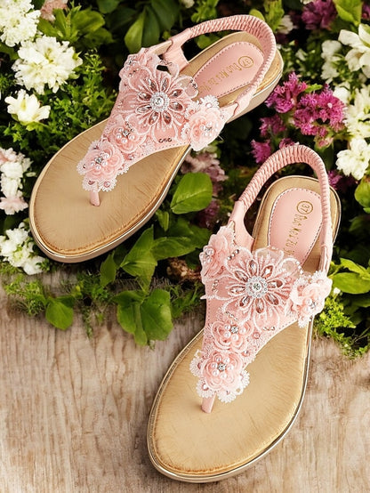 Women's Floral Sandals Pink T-Strap – Lace Embellished