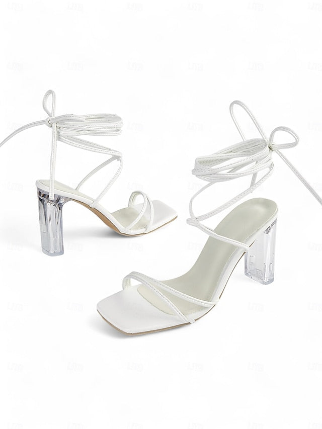 Women's Heel with Block White Clear Heels Lace-Up Strappy