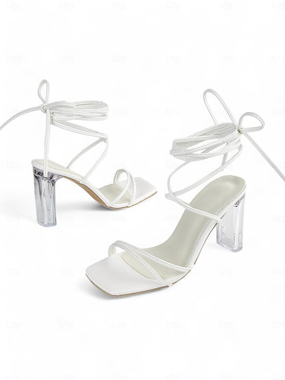 Women's Heel with Block White Clear Heels Lace-Up Strappy