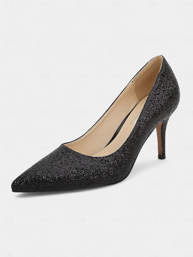 Stiletto Pointed-Toe Sparkly Gold Glitter - Women's Pumps