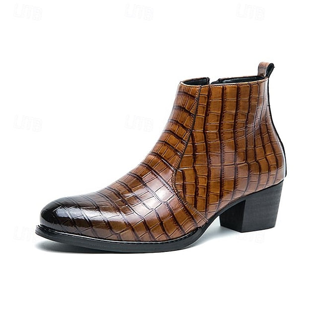 Pattern Faux Men's Boots - Crocodile Brown Leather Ankle