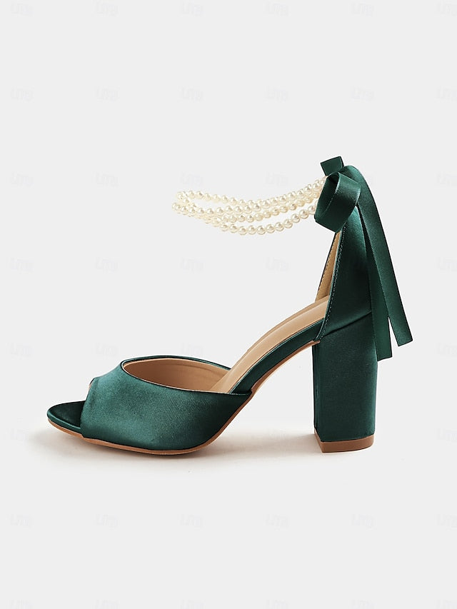 Sandals Peep-Toe Satin Women's Pearl Heel with Block Ankle
