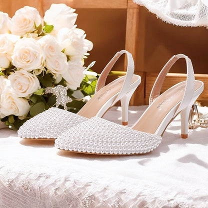 Slingback Women's Embellishments with White Pearl Heels –