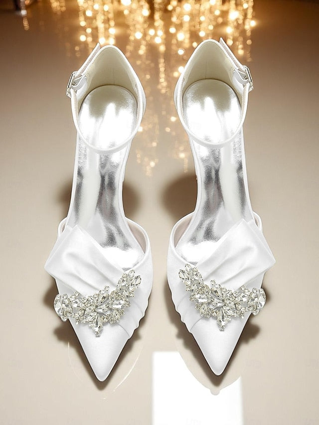 Bow Pumps with and Heel Satin Crystal Women's Block