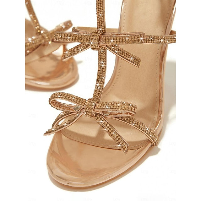 Bow Women's Sandals Gold – Knot Sparkly Stiletto Strappy