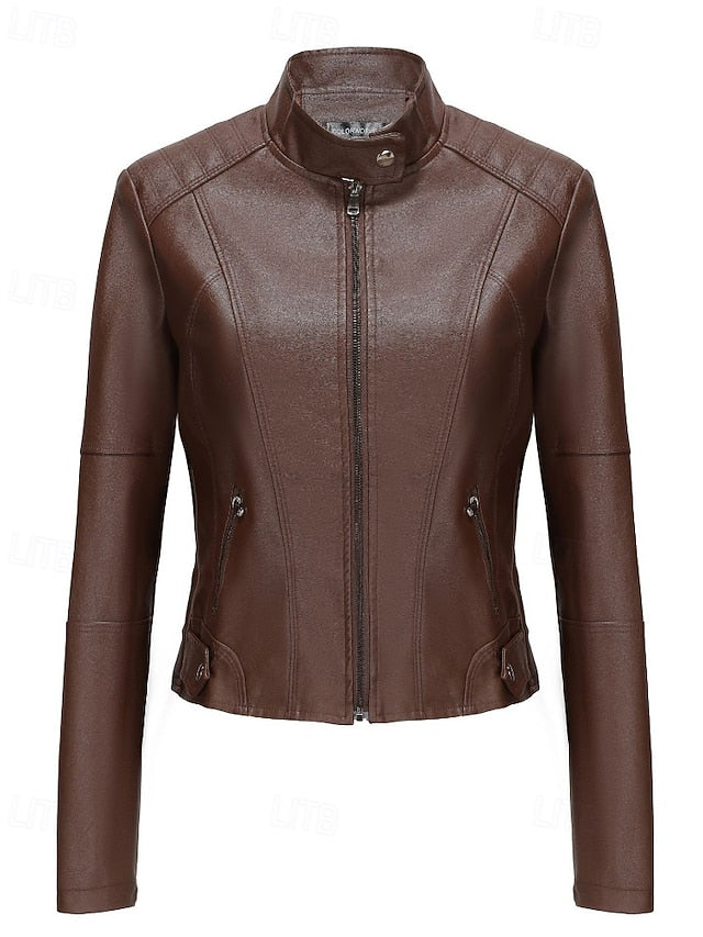 Pocket Women's Leather Faux Zipper Jacket Comfortable