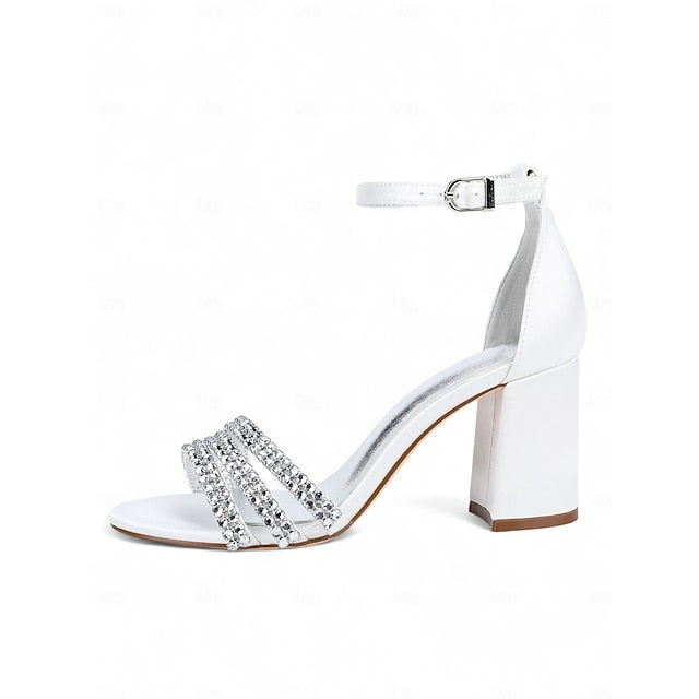 Purple Block Sandals Women's Heel Satin Rhinestone with