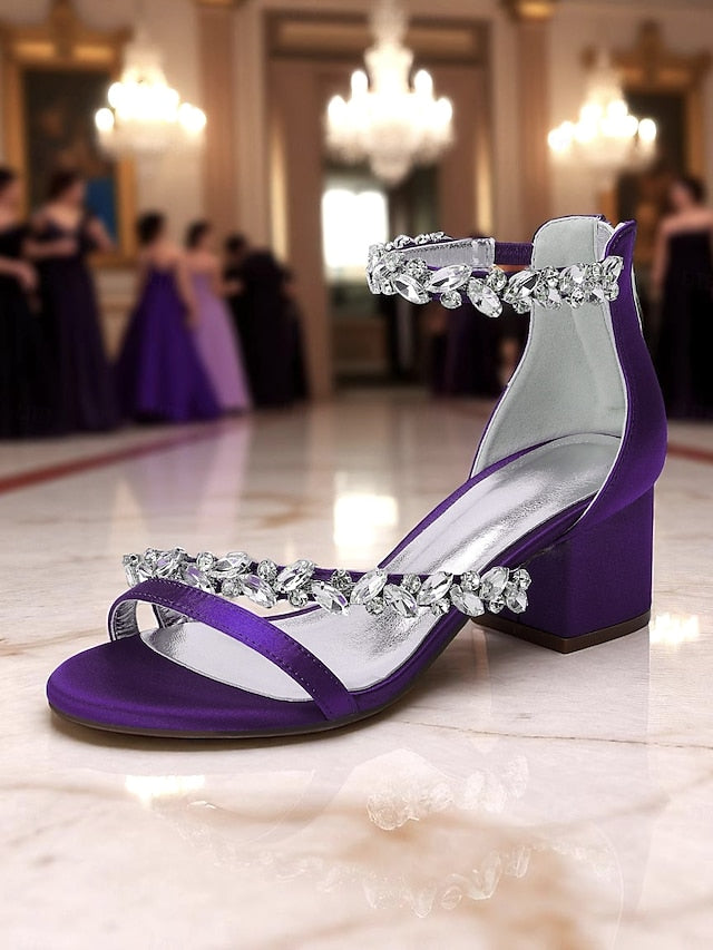 Sandals Crystal - Women's Heel Block Satin Purple