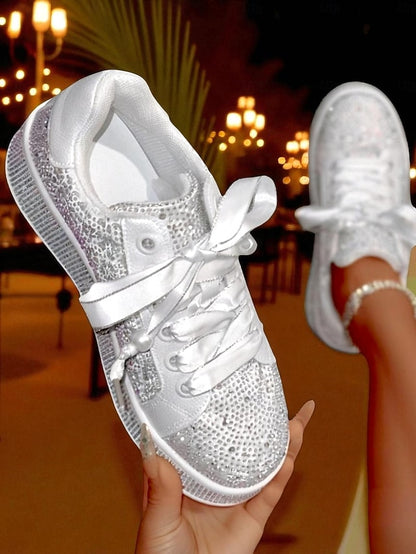 Glamorous Sparkly Sneakers Lace-Up Women's - Rhinestone